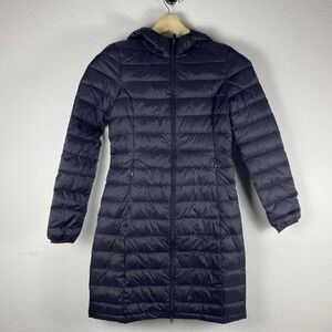 NEW Quince Womens XS Long‎ Quilted Down Hooded Puffer Jacket Black Lightweight